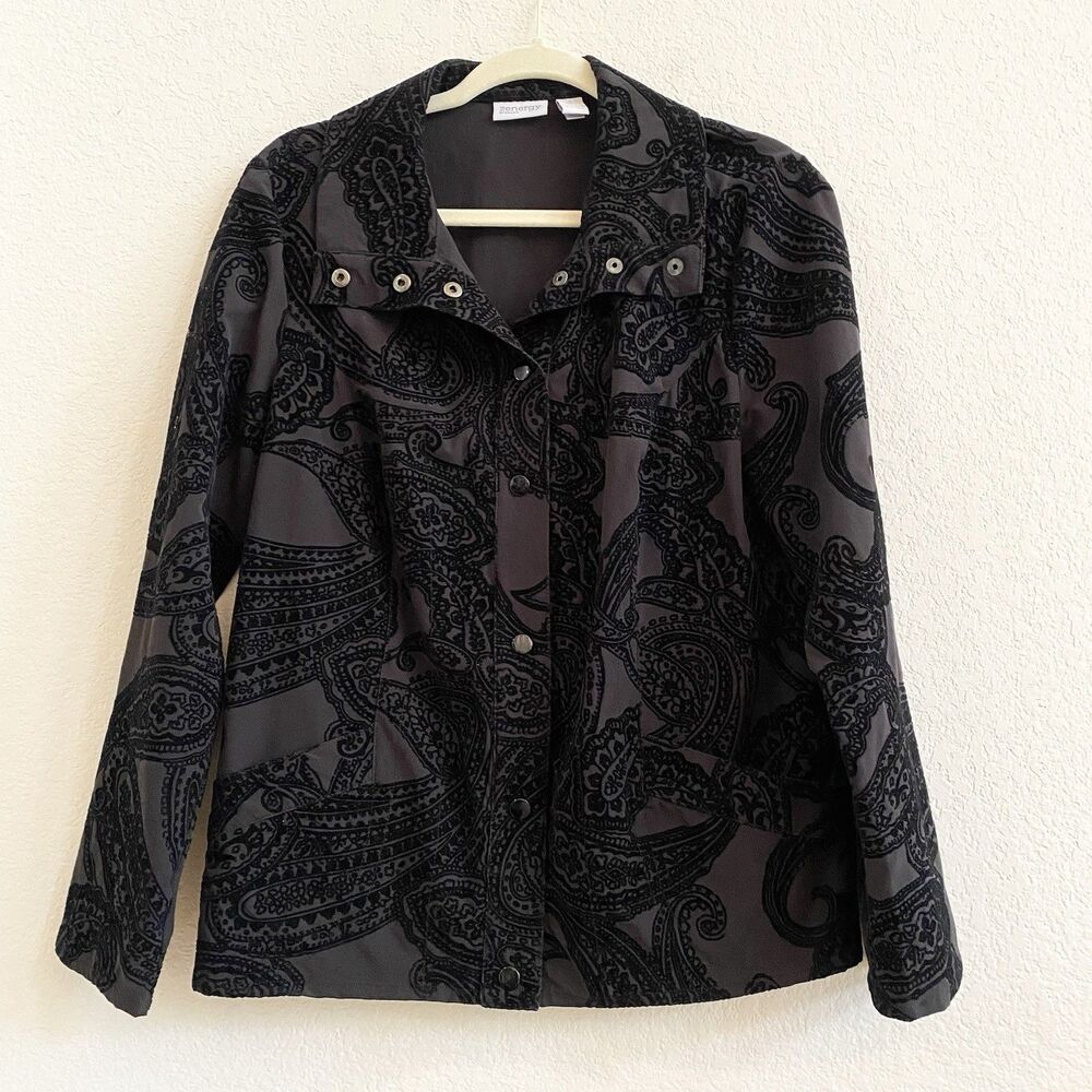 Chico's Black Paisley Neema Flocked Snap Button Long Sleeve Jacket Womans Sz 1 S